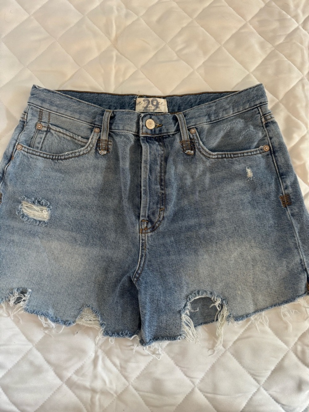 Free People Faded Light Blue High-Waist Distressed Denim Shorts